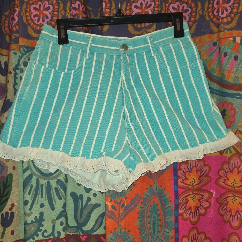 Striped Aqua Women’s Shorts with Lace Trim